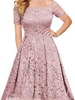 Blush Pink Lace scallop neckline dress off the shoulders